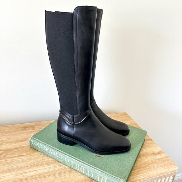 Aquatalia Leather Zip Up Block Heels Knee High Boots Black 8.5 - Picture 2 of 7